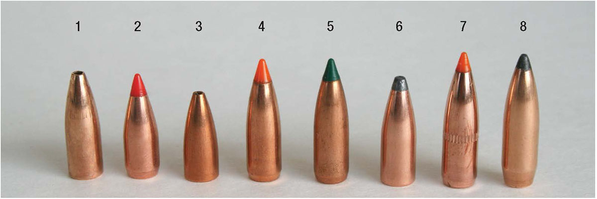Bullets handloaded inlcude the (1) Barnes 36-grain Varmint Grenade, (2) Hornady 40 V-MAX, (3) Sierra 40 HP, (4) Nosler 50 Ballistic Tip Varmint, (5) Sierra 55 BlitzKing, (6) Hornady 55 SP SX, (7) Nosler 60 Ballistic Tip Varmint and the (8) Sierra 65 SBT.